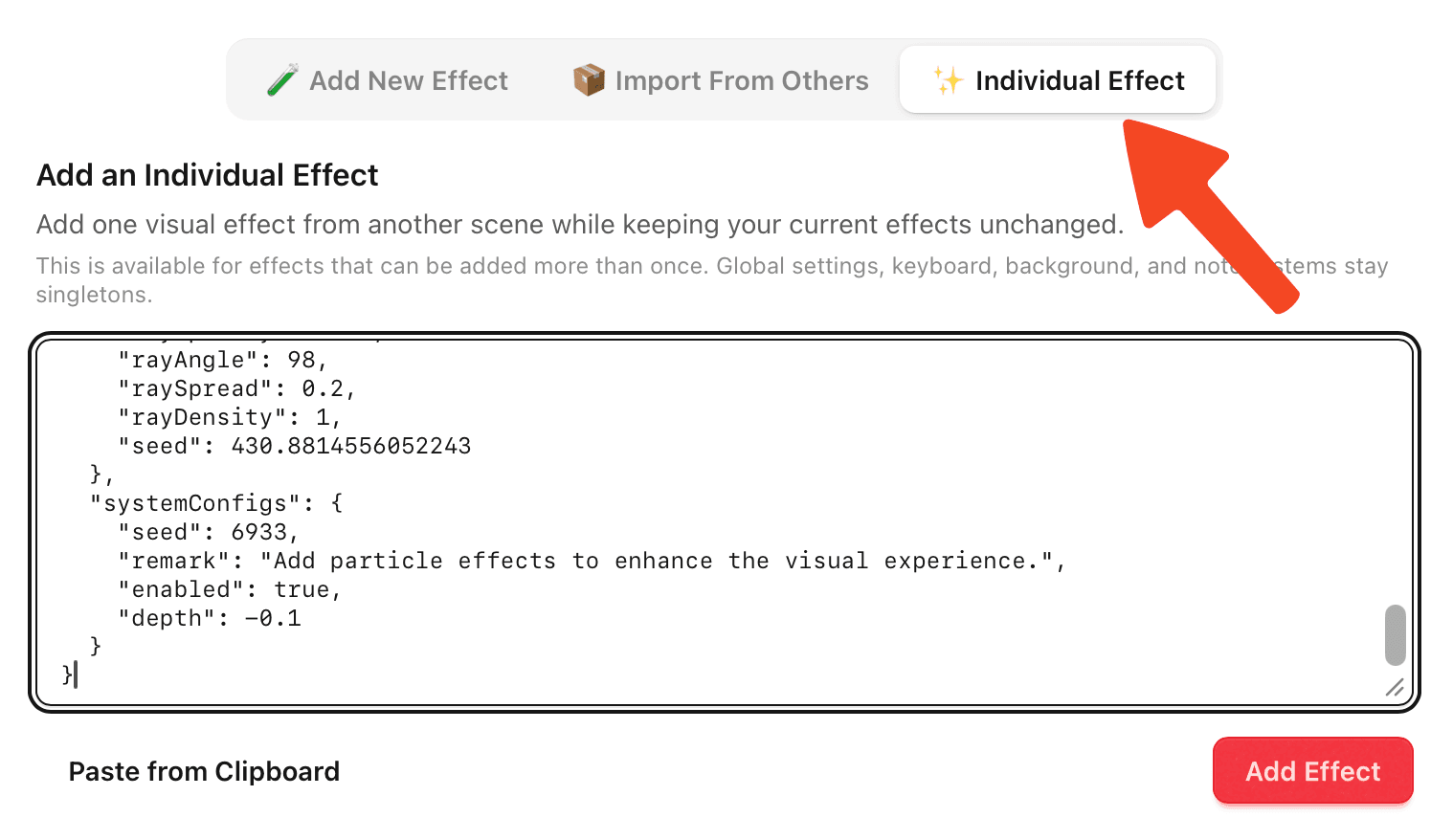 Individual Effect tab with a copied effect configuration ready to add
